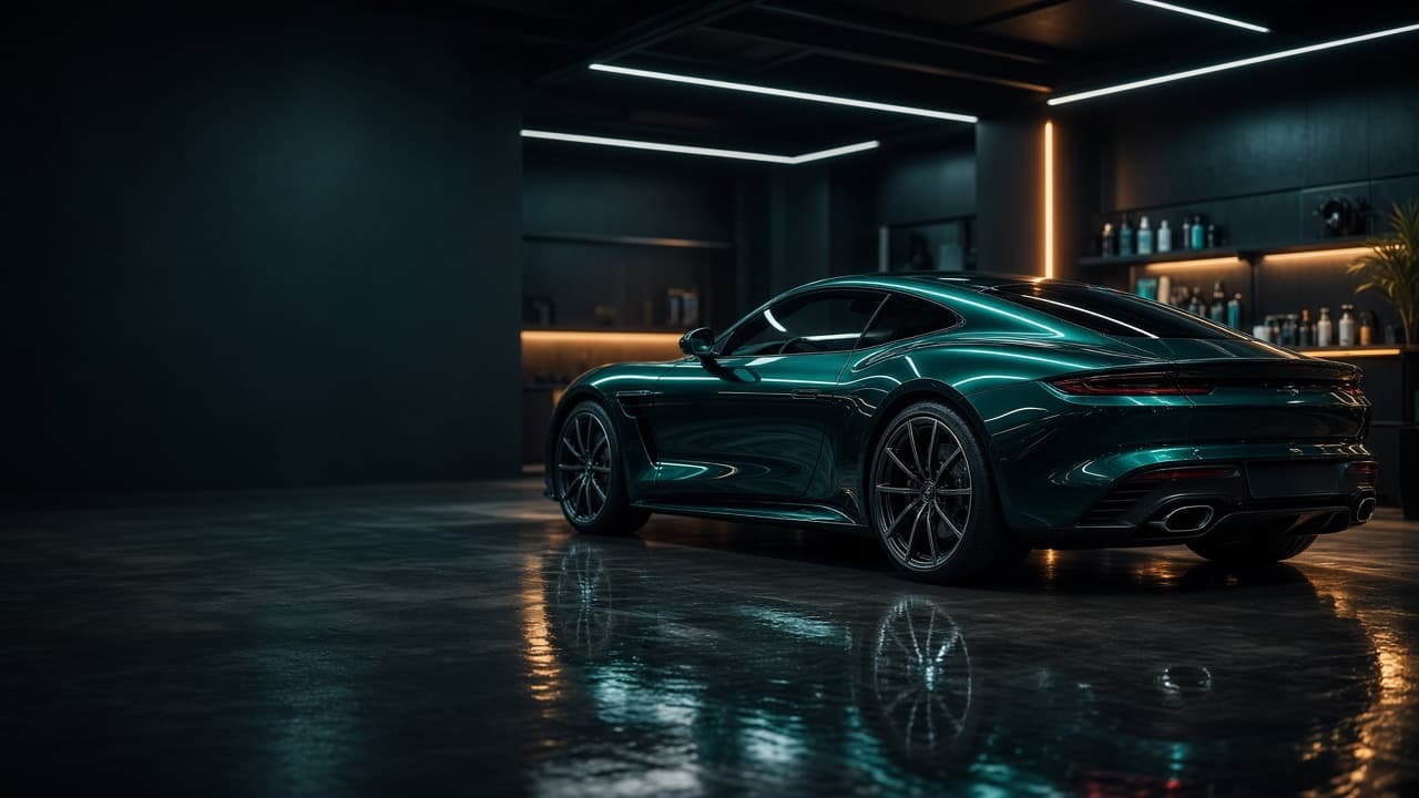 Premium detailing studio with a polished sports car under soft teal lighting